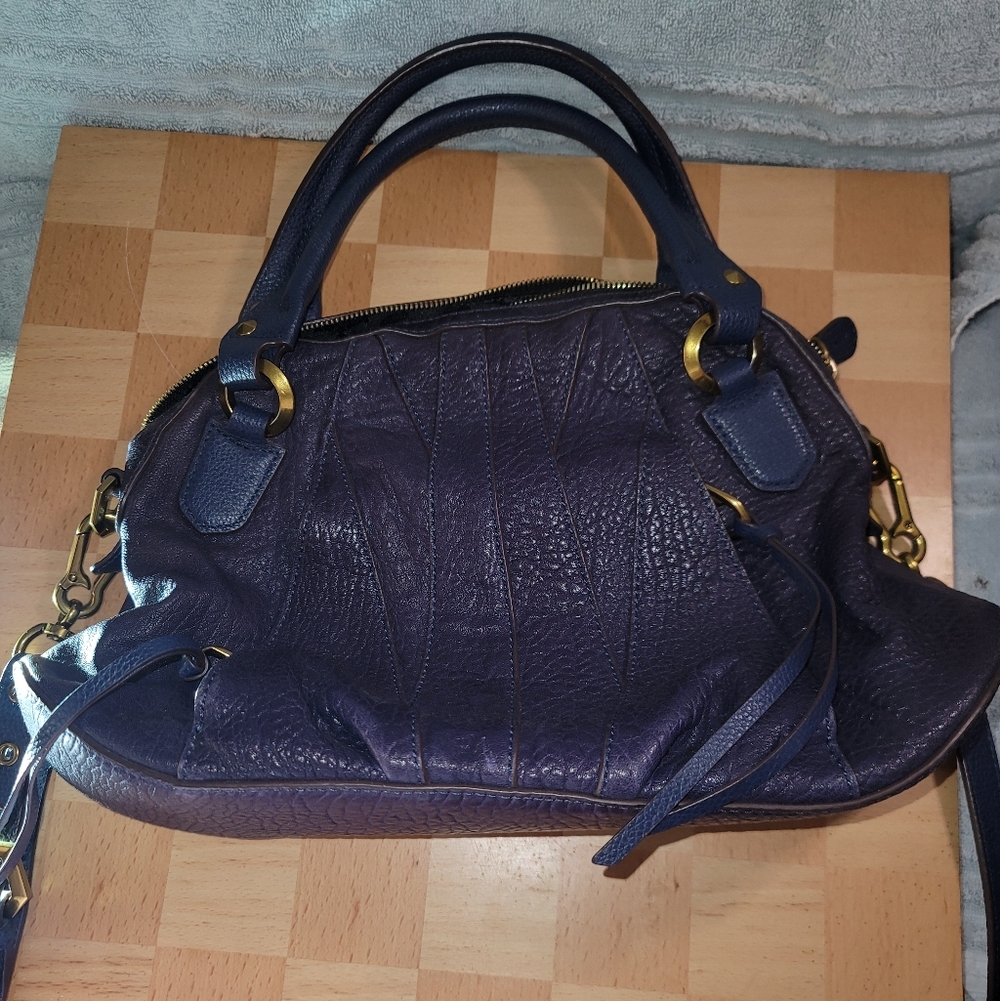 Leather Satchel Handbag in Navy Blue - Unbranded